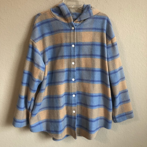 Wild Fable Hoodie Jacket Button Down Plaid Blue Cream Trendy Retro 90s Preppy